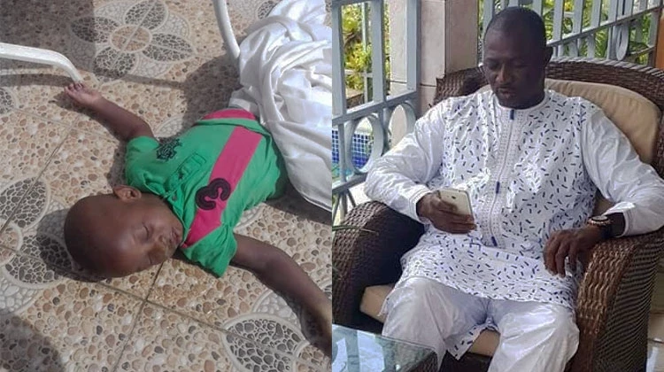 C'est dans cette position que le corps du petit Konan Excel Corneille a été retrouvé au domicile d'Abdoulaziz Alpha Djiré (à droite)