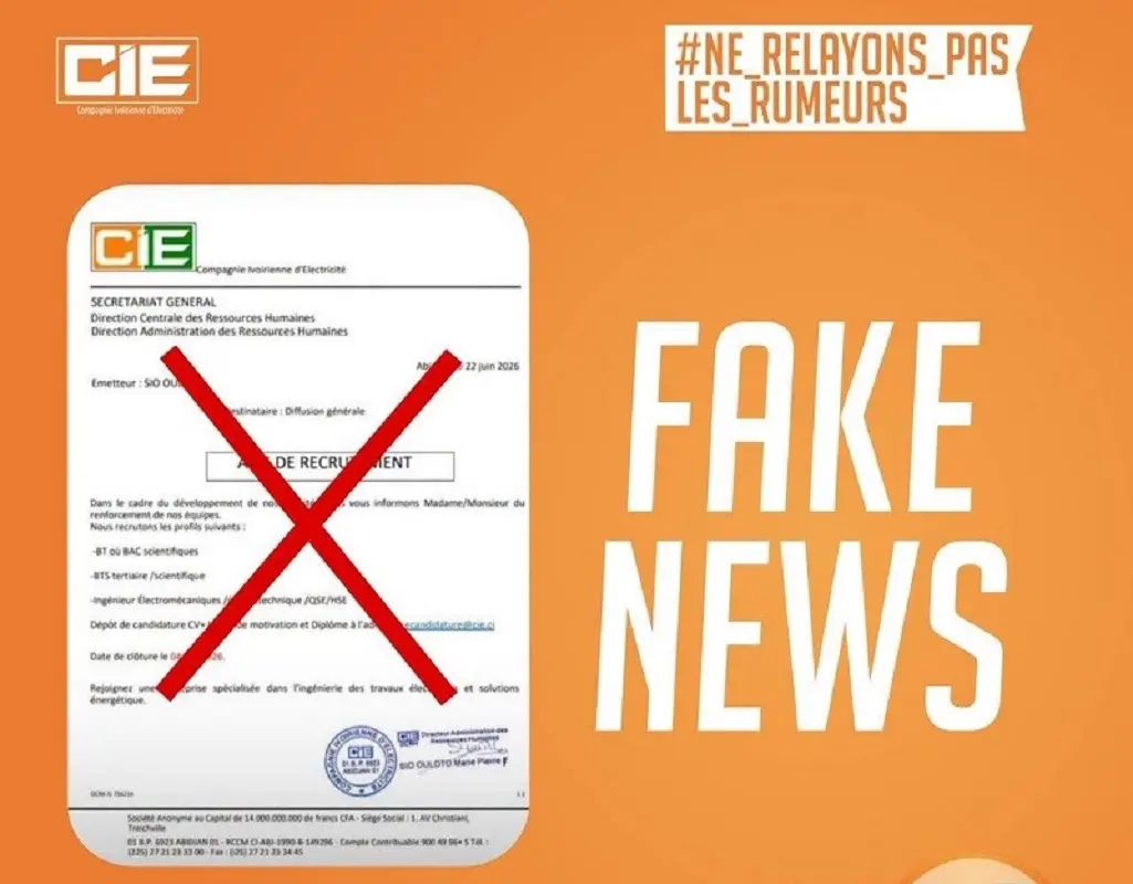 Arnaque sur le recrutement attribué aux entreprises : le faux découvert, la CIE appelle à la vigilance